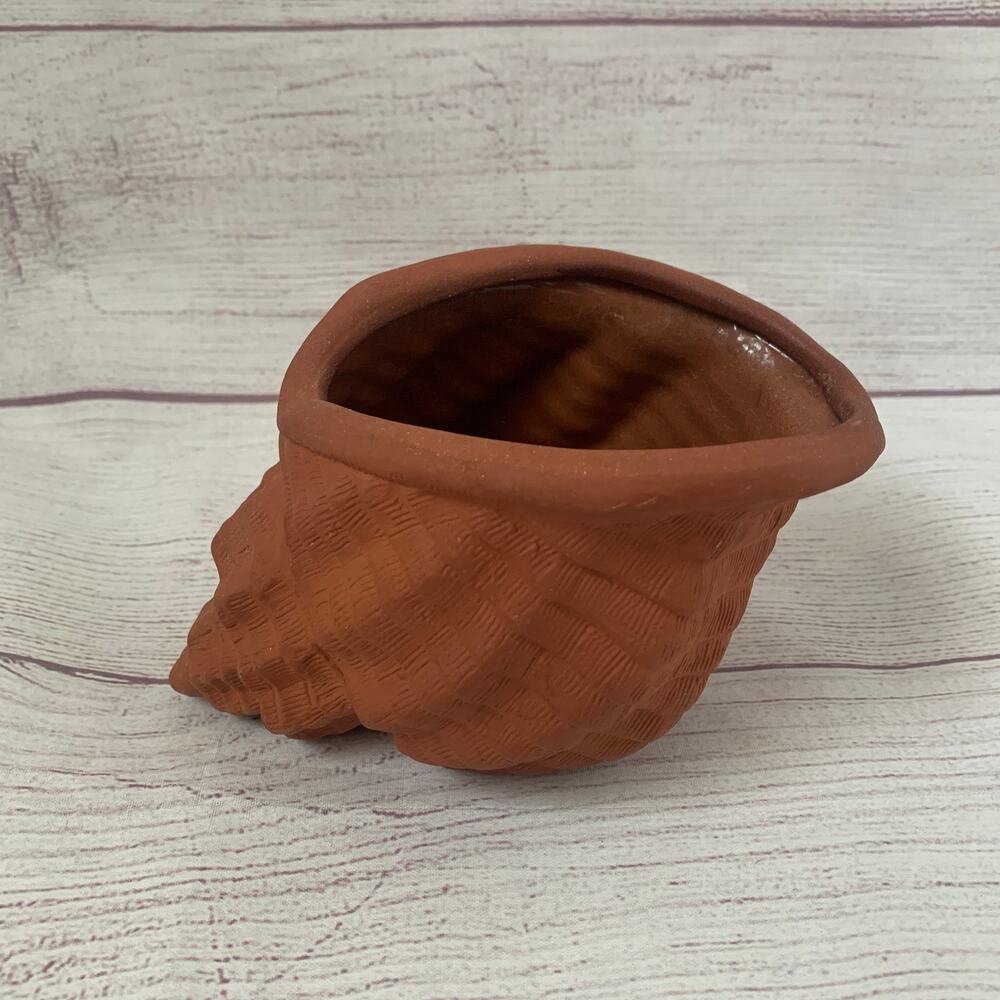 Vintage Terracotta Conch Shell Planter Pot Coastal Nautical Clay Earthenware 4"H